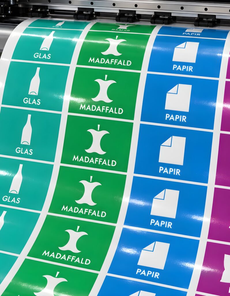 Glas, madaffald, papir og plast piktogrammer